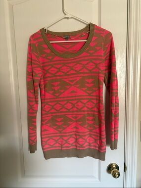 Charlotte Russe Neon Pink and Brown Geometric Aztec Y2K Scoop Neck Sweater
